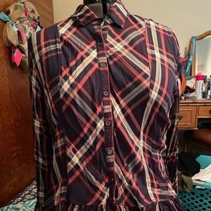 Plaid Button Up shirt with ruffle bottom
